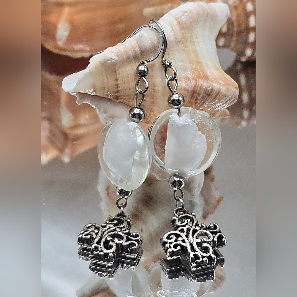 Elegant Handmade Murano Glass & Silver Cross and Whit Dangle Earrings